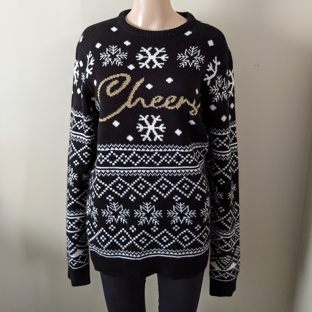 Ugly Christmas Holiday Cheers Black Sweater, Men's Medium